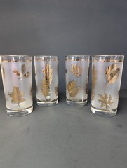 MCM Libby Gold Ivy Leaf Frosted Glasses Highball Tumblers Set Of 4 VINTAGE