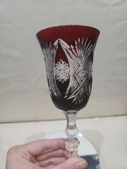 1 Wine goblet Glass, Dark Ruby Red Cut to clear Crystal brilliant HobStar foot