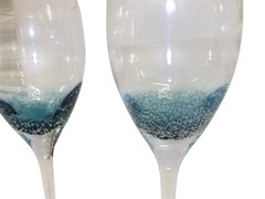 Roscher & Company Teal Blue Aqua Air Bubbles Clear Stem Wine Glasses Set Of 2