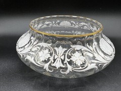 Vintage Bohemian Art Glass-Clear Optic Ribbed Bowl-White Enamel Floral-Scrolling