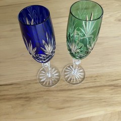 Pair Ajka Cut to Clear Crystal Champagne Flutes Cobalt Blue Emerald Green