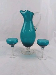 Vintage Turquoise Teal Blue Pitcher Set With 2 Cocktail Glasses