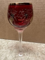 Vintage Red Bohemian Twisted Stem Grapes & Leaves 24k Gold Trim Glasses Set Of 4