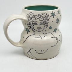 Michele Dross Ceramics Hand Made Art Pottery Mug Cup Woman In The Stars BluGreen