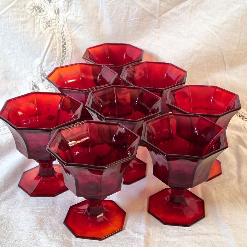 Amberina Independence Glass 8 Champagne/Tall Sherbet Octagonal Ruby