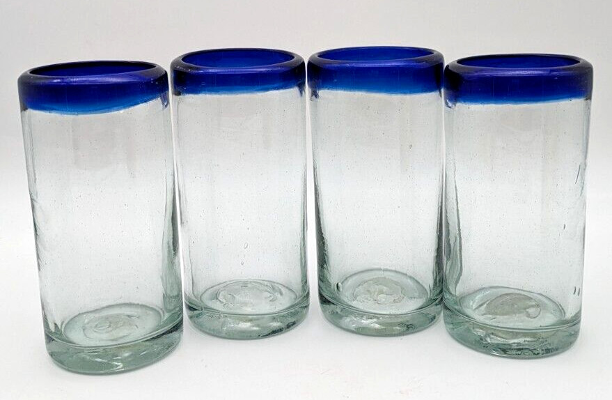 Mexico Hand Blown Glass Tumblers Clear With Cobalt Blue Rim 5.5″ Set of 4