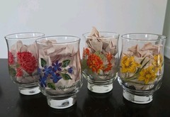 Lot Of 4 Dominion Glass Vintage Flower Of The Month Tumbler Glasses MCM