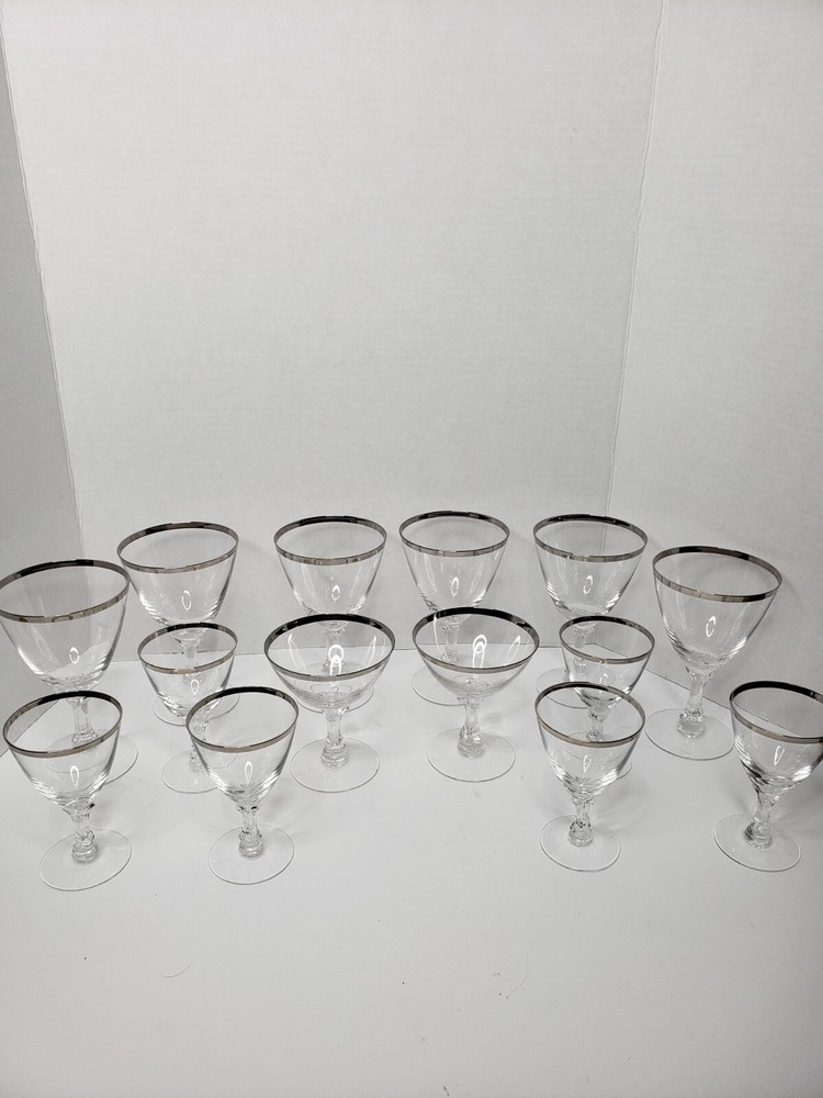 FOSTORIA WEDDING RING PLATINUM BAND STEMWARE VINTAGE Mid-Century Lot of 14 EUC