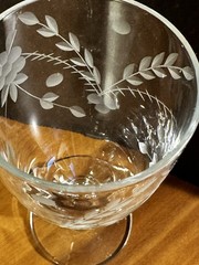 Vintage 1947, Gray Cut Floral & Dot Design, Juice Glass, 5 1/2″ Knob Stem