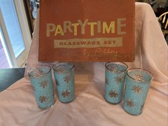 Vintage Libby Atomic Starburst Turquoise Blue Gold MCM Glass Tumbler Set 4 Box