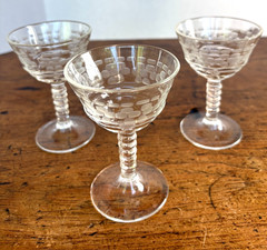 3 Pc Vtg Federal Glass Cocktail Coupe-Etched Dot Pattern, Ringed Stem-1940s