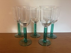 Hand Blown Clear Wine Goblets Teal Green Blue Stem Art Glass Set of 3***not 5***