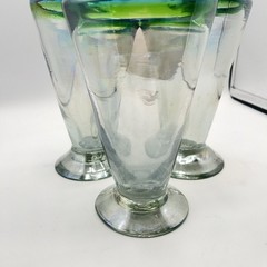 Three Hand Blown Stemware V-Shaped Glasses All Iridescent Green & Blue Band