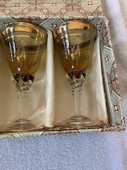 Vtg MCM Amber Glass Venetian 24k Gold Cordial Glasses In Original Box