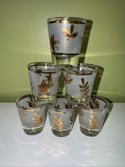 Set of 6 Vintage Libbey Starlyte MCM Frosted Gold Leaves Foliage Shot Glasses