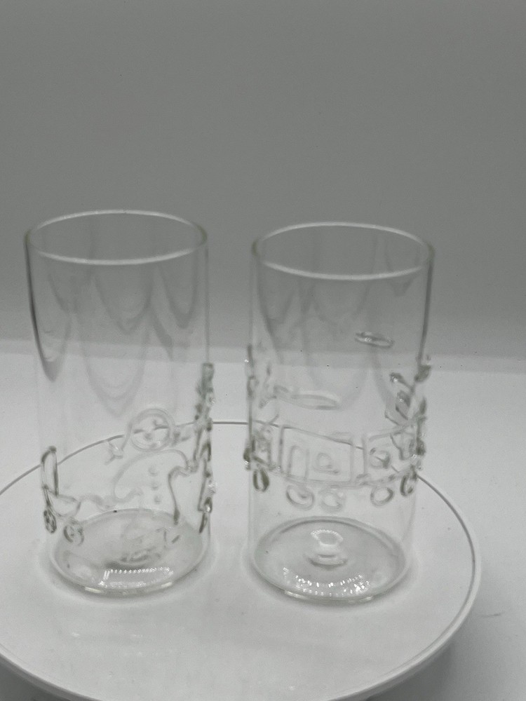 Vintage Studio Art Glass Tumblers Hand Applied Abstract Design Mid Century Pair