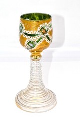 Antique Moser Green Glass Bowl White Lace Gild Roemer/Wine 1850-90 Rare Pattern