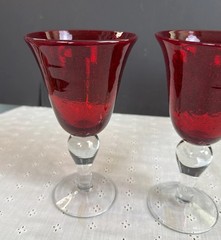 2 Wine/Water Hand Blown Glass Goblets Stemware Barware Ruby Red Bubbles