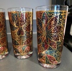 4 GEORGES BRIARD hiball glasses Floral flower tulip Green Gold Red SIGNED