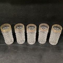 Mid-Century Diamond Point Criss-Cross Juice Glasses, Set of 5 Gold-Trim Tumblers
