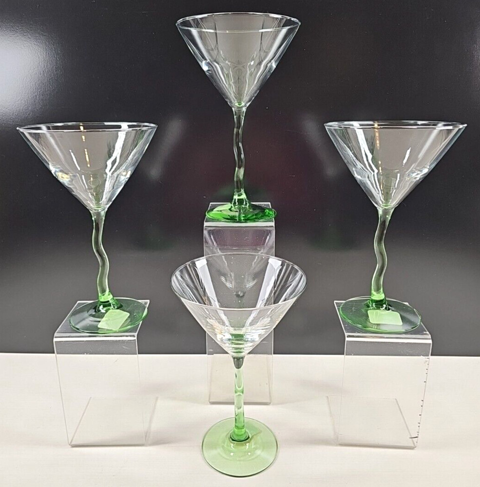 4 Libbey Courbe Martini Glasses Set Zig Zag Wavy Green Stemware Bar Drinking Lot