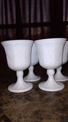 6 Milk Glass Drinking Glasses Etched Grapes, 1 White Carnival Glass Mug