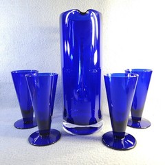 Colonial Williamsburg Cobalt Blue Shrub Glasses Set of 4 + Pitcher MCM Vintage