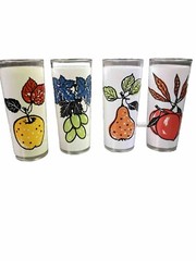 Highball Drinking Glasses Barware Colorful L. Elliott Frosted Fruit Print MCM