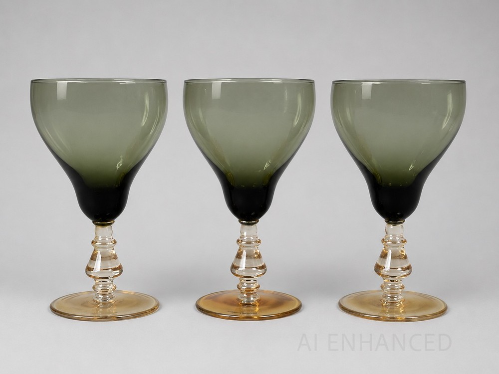 Bryce 894 Smoke Green Goblets Topaz Amber Stem Blown Glass Pear Shape – Set of 3