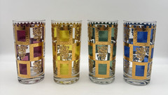 Mid-Century Heraldic Lion Highball Tumblers Castle Turrets Gold Trim Set~4 VTG a