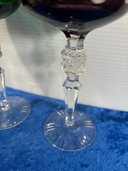 Rare Vintage Pair Bavarian Crystal Green & Purple Cut to Clear Goblets 8.25″