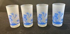 Hazel Atlas Frosted Blue Willow Glass Tumblers Set 4 Blue Asian 5.5″ MCM Vintage