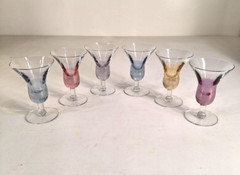 6 Vtg Handmade Barware Tapered Cordial Footed Glasses Amber Blue Green Purple