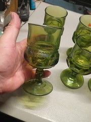 Vintage 70’s Indiana Glass King’s Crown Thumbprint Green Water Goblets Set Of 6