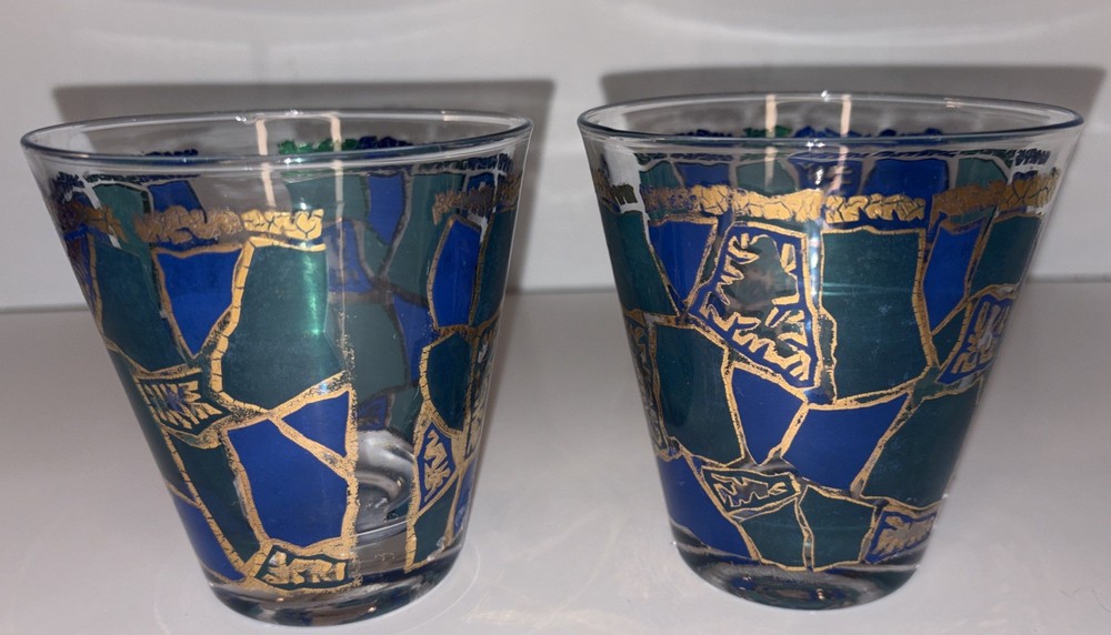 Vintage Cocktail On the Rocks Glasses Blue/Gold MCM Set Of 2