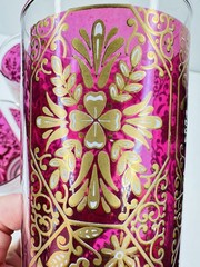 Set 4 Cranberry Pink Gold White Glass Highball Tumblers Folk Art Birds 5.75″H