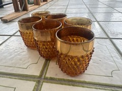 6 Vintage Amber Indiana Glass Tumbler Low-ball 1970s Diamond Point Gold Rim MCM