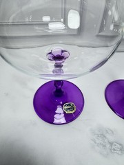 Pair Bohemia Crystal Czech Republic Amethyst Purple Stem Wine Goblets Glasses