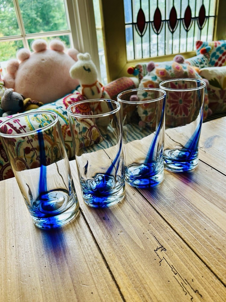 Vtg Libby Crisa Blue Ribbon Glasses Swirl & Twist Design 6″ Set Of 4