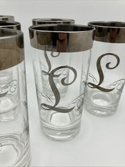 Vintage Queens Lusterware Silver Band Monogram «L» Highball Glasses Set of 6