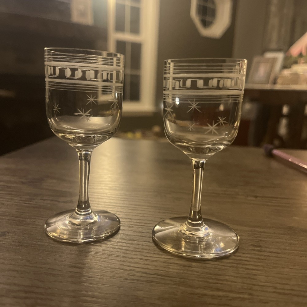 Antique Boston & Sandwich 1880’s Roman Greek Key & Stars Wine Glasses TINY