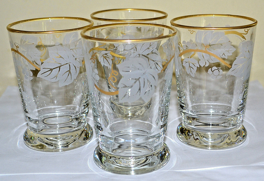 4 VINTAGE MCM Libbey Frosted JUICE DRINK Glasses w/Gold Leaf Leaves Pattern EUC!