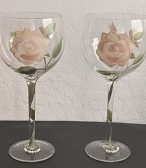 2 Block Vintage Rose Balloon Wine Glasses Mix Set Floral Hand Painted Flower Lot