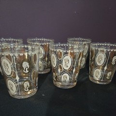 Vintage Set of 6 Mid-Century Gold Royal Lady Portrait Bar Cocktail Rocks Glasses