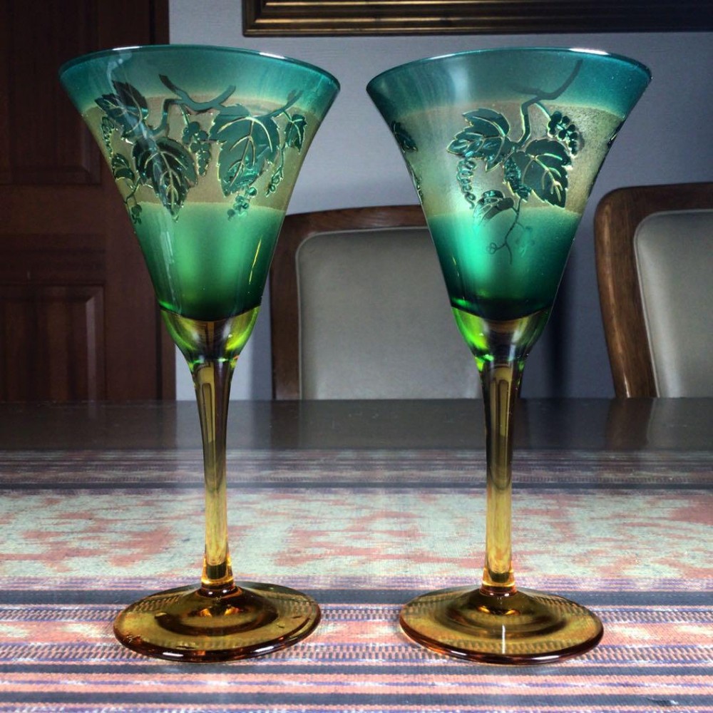 Wine Glass Kiriko Engraved on the glass #28 8.5x17cm/3.34×6.69″ set of 2 Wine