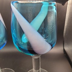 2 Hand Blown Art Glass Blue W/Swirling Pattern Wine Goblets 8 in Tall 3 in Wide
