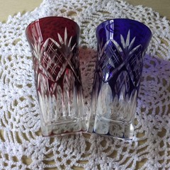 Edo Kiriko Red Blue Pair Glasses Set of 2 Japanese Crystal