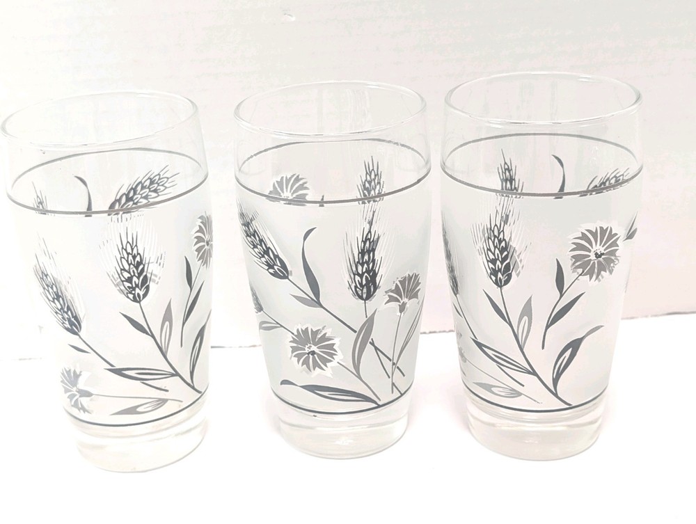 VTG 60s MCM 3 Libbey Frosted Silver Wheat & Wildflowers 12 oz Tumbler Glasses