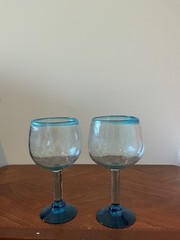 2-handmade, hand-blown Mexican glass wine or water goblets featuring a distinct