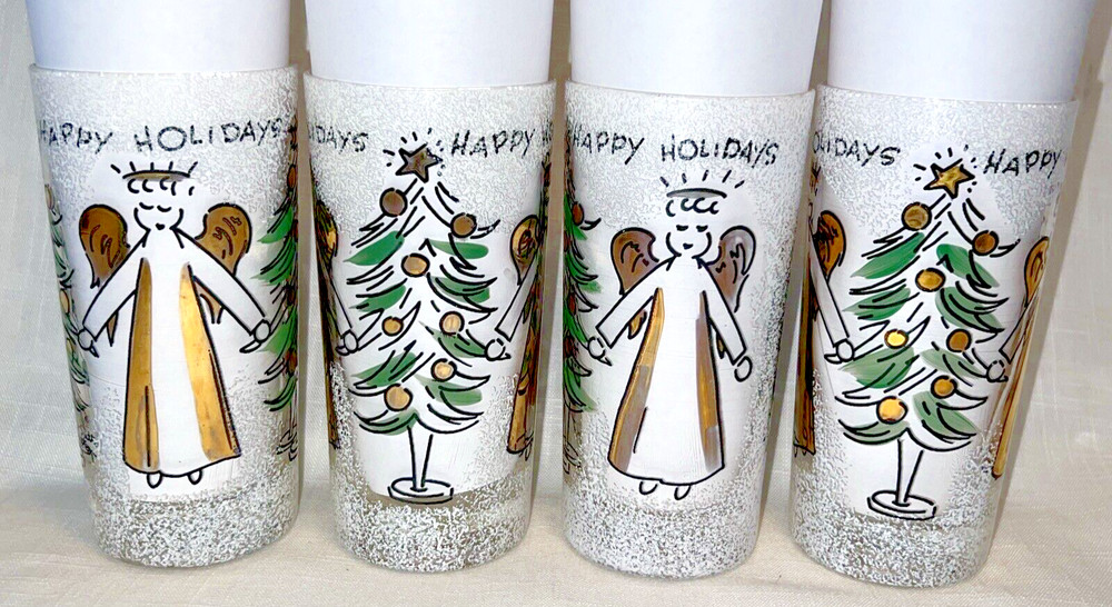 SET OF 4 Vintage JOHN SUTTON Gold ANGELS & TREES Frosted Glass Tumblers RARE